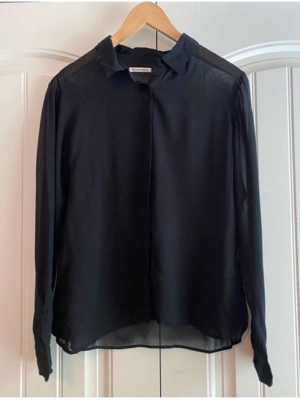 Reformation Black Sheer Long-Sleeve Button-Up Blouse Small Medium